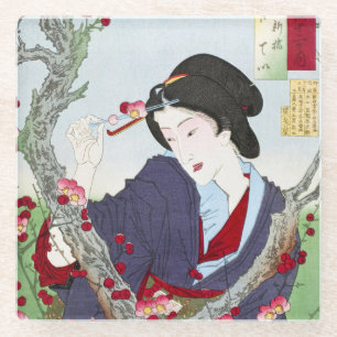 Chinoiserie Japanese Lady & Red Cherry Blossom Glass Coaster