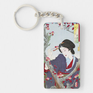Chinoiserie Japanese Lady & Red Cherry Blossom Key Ring