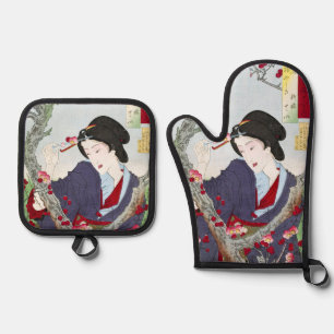 Chinoiserie Japanese Lady & Red Cherry Blossom Oven Mitt & Pot Holder Set