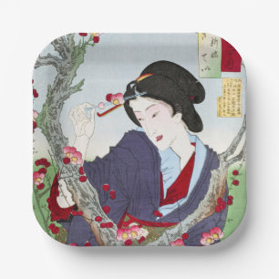 Chinoiserie Japanese Lady & Red Cherry Blossom Paper Plate