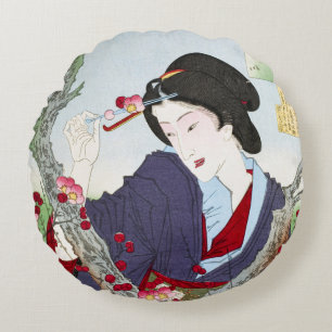 Chinoiserie Japanese Lady & Red Cherry Blossom Round Cushion