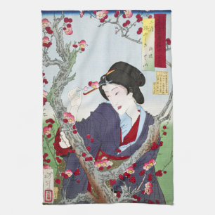 Chinoiserie Japanese Lady & Red Cherry Blossom Tea Towel