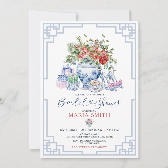Chinoiserie Jar Red Floral Christmas Bridal Shower Invitation (Front)