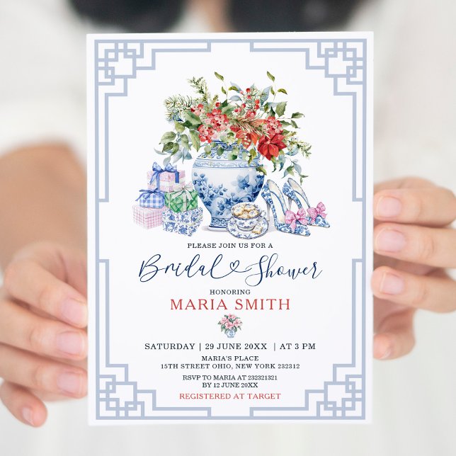 Chinoiserie Jar Red Floral Christmas Bridal Shower Invitation (Creator Uploaded)