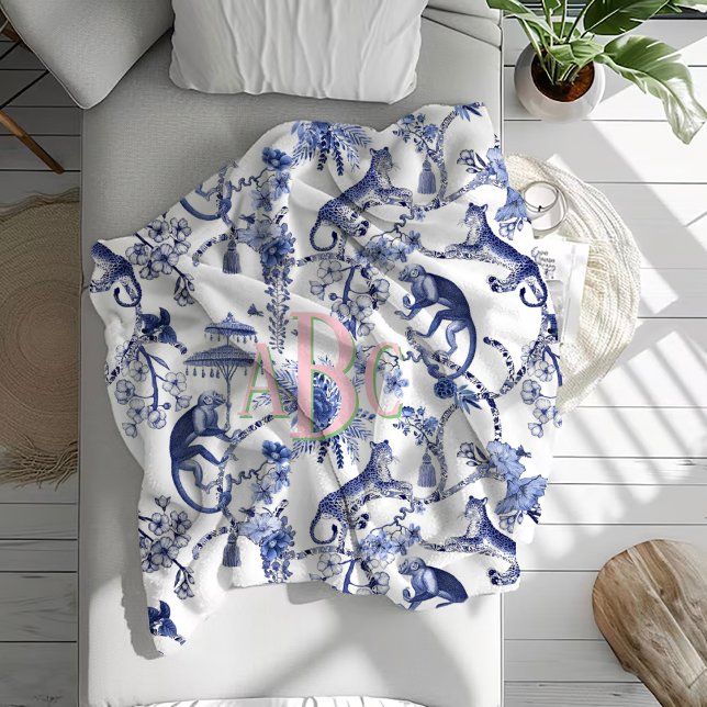 Chinoiserie Jungle Toile | Blue & White Monogram  Fleece Blanket (Creator Uploaded)