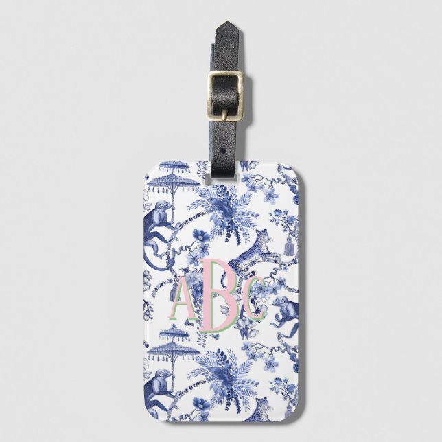 Chinoiserie Jungle Toile | Blue & White Monogram Luggage Tag (Front Vertical)