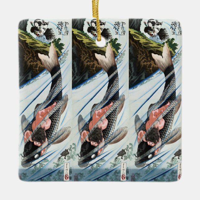 Chinoiserie Koi Carp Waterfall Japanese Art Ceramic Ornament (Front)