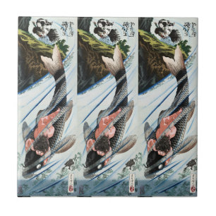 Chinoiserie Koi Carp Waterfall Japanese Art Tile
