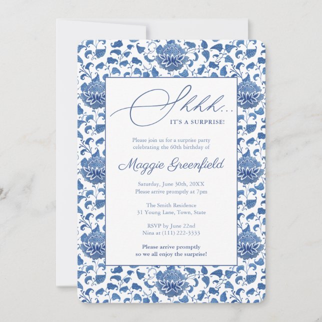 Chinoiserie Lady Milestone Birthday Surprise Party Invitation (Front)