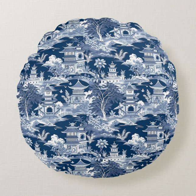 Chinoiserie Landscape Painting Blue White Round Cushion (Front)