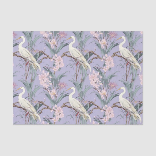 Chinoiserie Lavender Floral Egret Tissue Paper (Front)