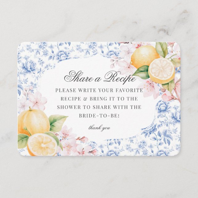 Chinoiserie Lemon Tea Bridal Shower Share a Recipe Enclosure Card (Front)