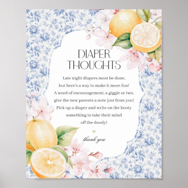 Chinoiserie Lemon Tea Diaper Thoughts Baby Shower Poster (Front)
