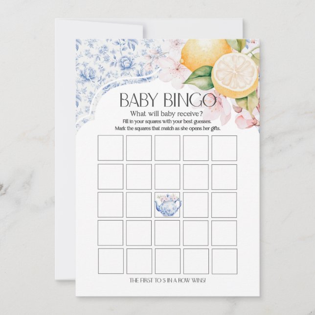 Chinoiserie Lemon Tea Party Baby Bingo Shower Game Invitation (Front)