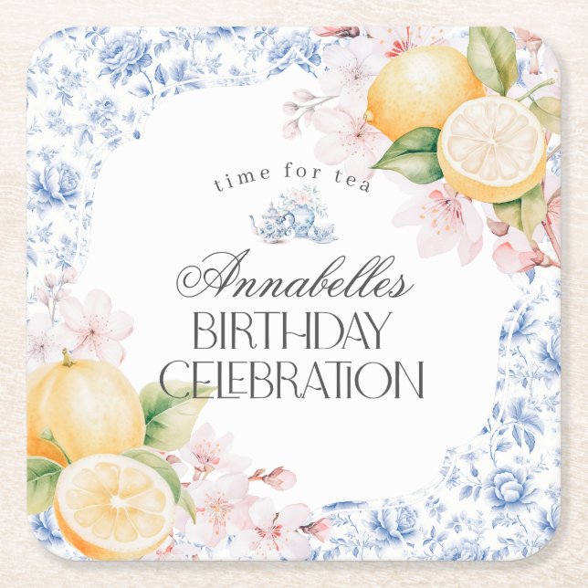 Chinoiserie Lemon Tea Party Table Decor Square Paper Coaster (Front)