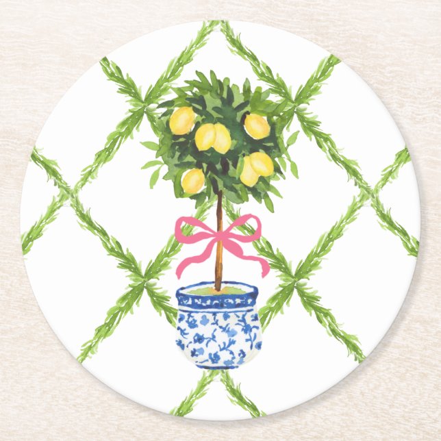 Chinoiserie Lemon Topiary Green and White Floral Round Paper Coaster (Front)