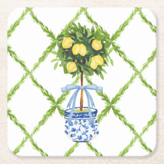 Chinoiserie Lemon Topiary with Blue Bow Square Paper Coaster
