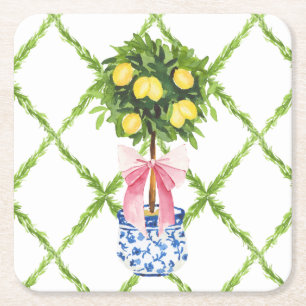 Chinoiserie Lemon Topiary With Pink Bow Square Paper Coaster