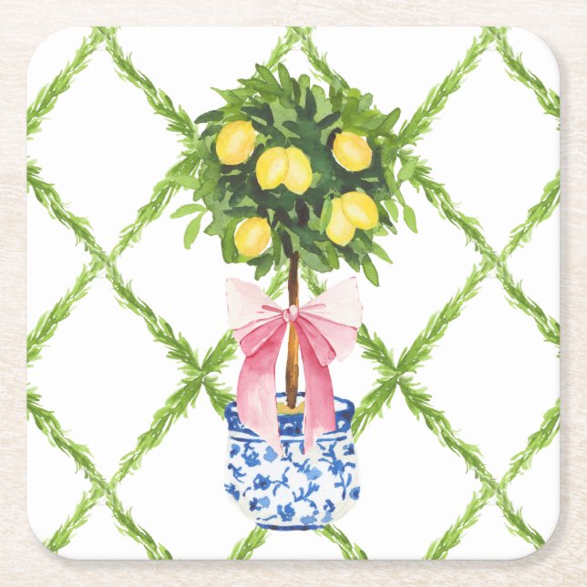 Chinoiserie Lemon Topiary With Pink Bow Square Paper Coaster (Front)