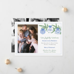 Chinoiserie Monogram Christmas Baby Boy Birth Announcement