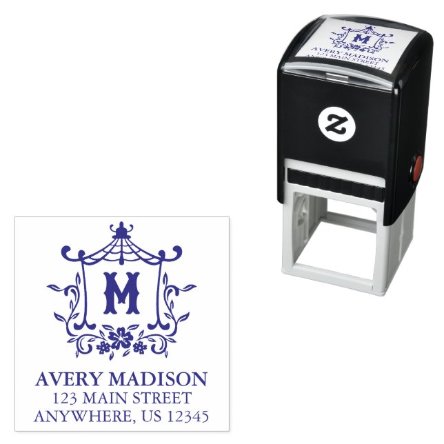 Chinoiserie Monogram Pagoda Return Address Self-inking Stamp (In Situ)