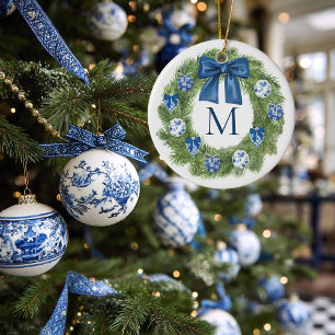 Chinoiserie Monogrammed Wreath Christmas Ceramic Tree Decoration