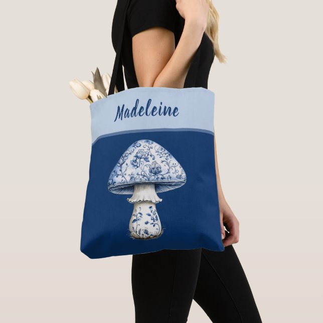 Chinoiserie Mushroom iBlue White on Navy Monogram  Tote Bag (Close Up)