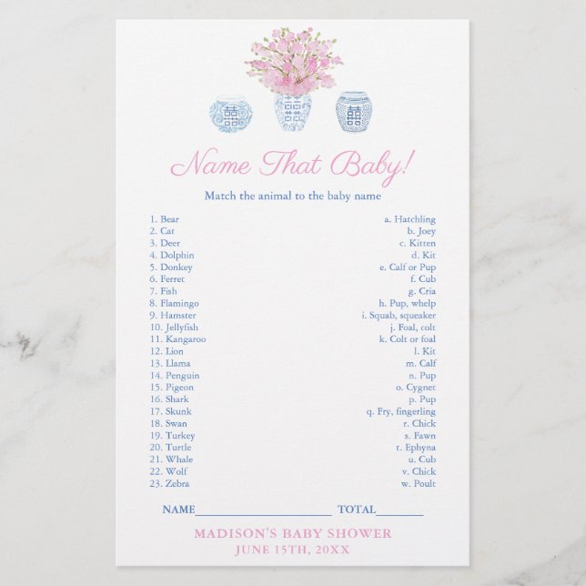 Chinoiserie Name The Baby Animal Shower Game Card (Front)