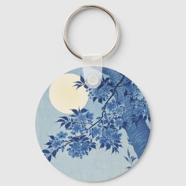 Chinoiserie Navy Blue Cherry Blossom & Full Moon Key Ring (Front)