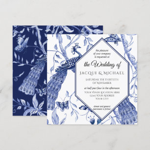 Chinoiserie Navy Blue Peacock Butterfly Hexagon Invitation