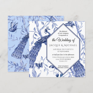Chinoiserie Navy Blue Peacock Butterfly Hexagon Invitation