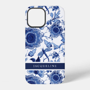 Chinoiserie Navy Blue White Floral Leaf Dragonfly iPhone 12 Case