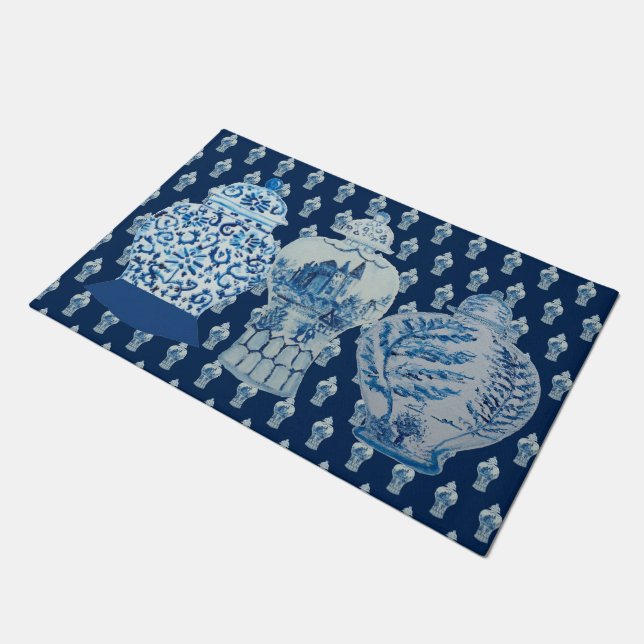Chinoiserie Navy Blue White Ginger Jars Doormat (Angled)