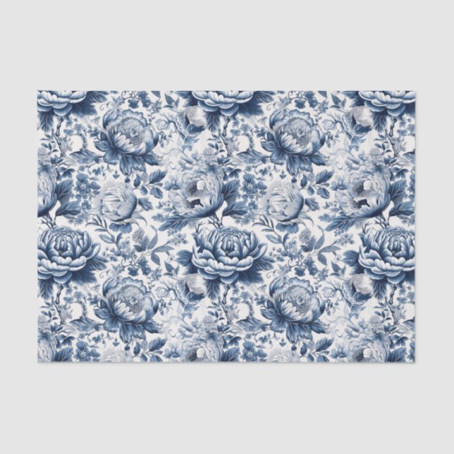 Chinoiserie Navy Blue White Peony Floral Decoupage Tissue Paper (Front)