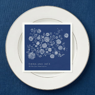 Chinoiserie Navy Blue Wildflower Bouquet Wedding Napkin