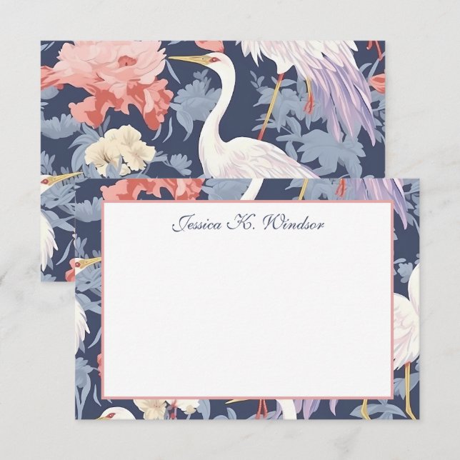 Chinoiserie Navy Floral Egret Personalised Thank You Card (Front/Back)