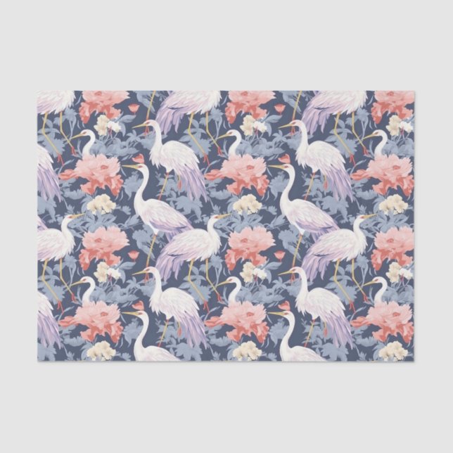 Chinoiserie Navy Floral Egret Tissue Paper (Front)