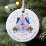 Chinoiserie New Home First Christmas Ornament<br><div class="desc">This beautiful Chinoiserie style ornament commemorates the "First Christmas in Our New Home" moment of your lifes. Featuring a charming illustration of a cosy watercolor Chinoiserie themed house, it is the perfect keepsake to celebrate a major milestone. Personalise your holiday decor with this trendy 2024 ornament and cherish the memory...</div>
