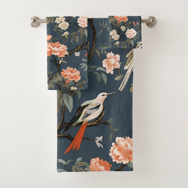Chinoiserie on Denim Blue Bath Towel Set (Insitu)