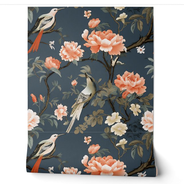 Chinoiserie on Denim Blue Wallpaper (Unrolling)