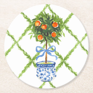 Chinoiserie Orange Citrus Topiary  Round Paper Coaster
