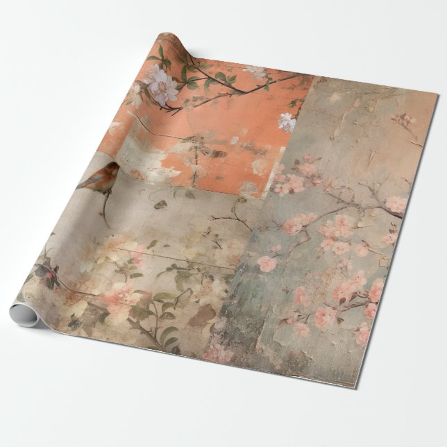Chinoiserie Orange Sherbet Collage Wrapping Paper (Unrolled)