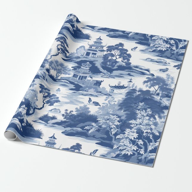 Chinoiserie Oriental Landscape Painting Wrapping Paper (Unrolled)