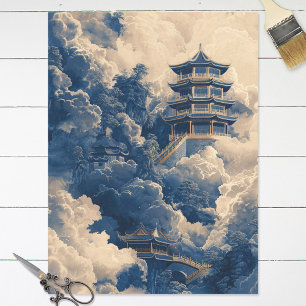 Chinoiserie Oriental Temple Blue Decoupage Tissue Paper