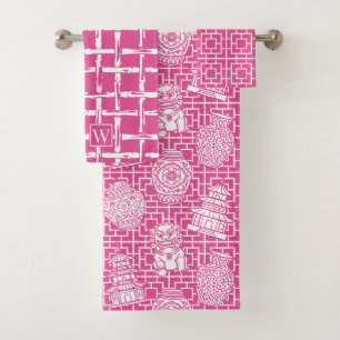 Chinoiserie Pagoda – Hot Pink Preppy Asian Garden Bath Towel Set