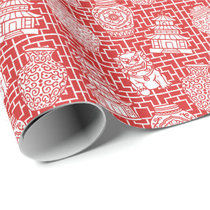 Chinoiserie Pagoda – Red Preppy Asian Garden Wrapping Paper