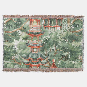 Chinoiserie Pagoda Sage Green Forest Throw Blanket
