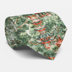 Chinoiserie Pagoda Sage Green Forest Tie
