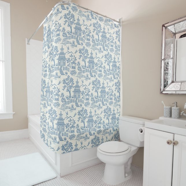 Chinoiserie Pagoda Slate Blue on White Shower Curtain (In Situ)