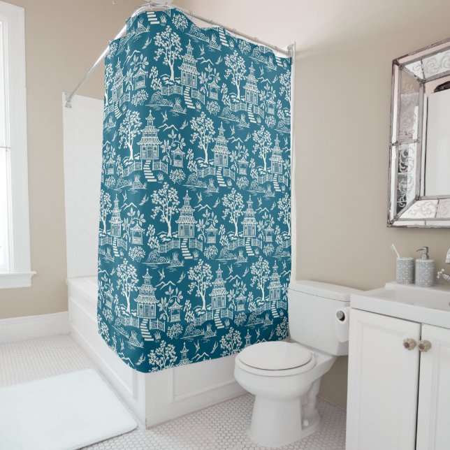 Chinoiserie Pagoda Teal Shower Curtain (In Situ)